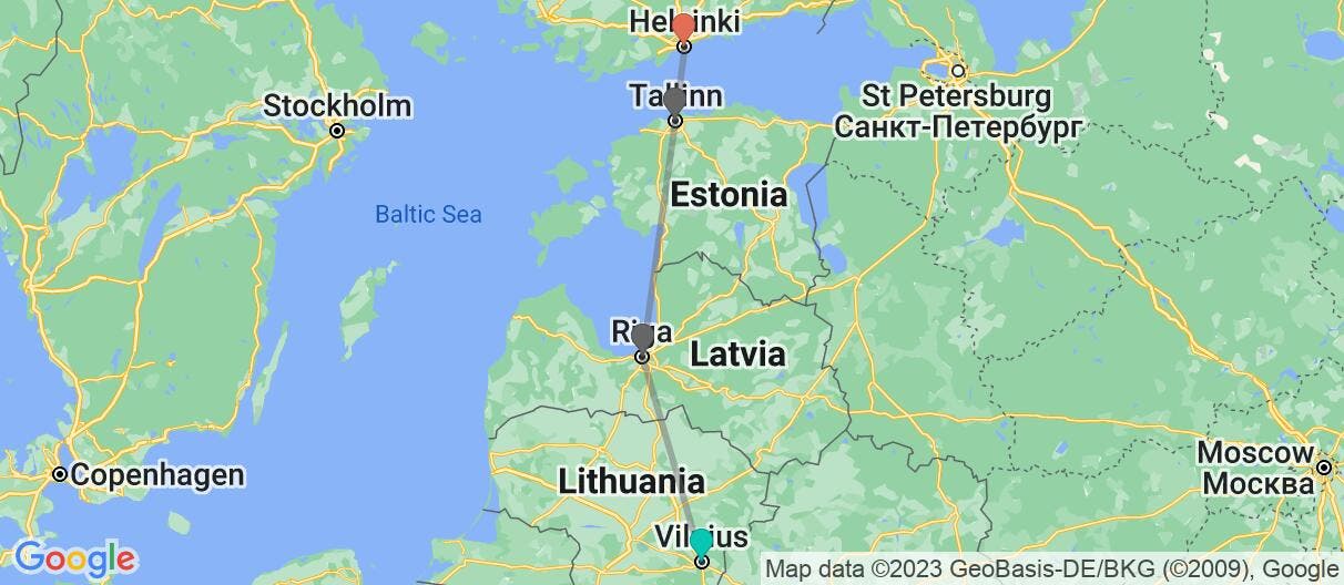 Map with itinerary in Lithuania, Latvia, Estonia & Finland