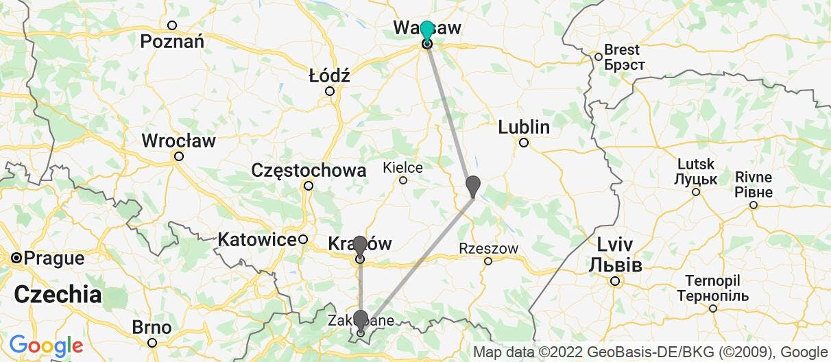 Map with itinerary in Poland