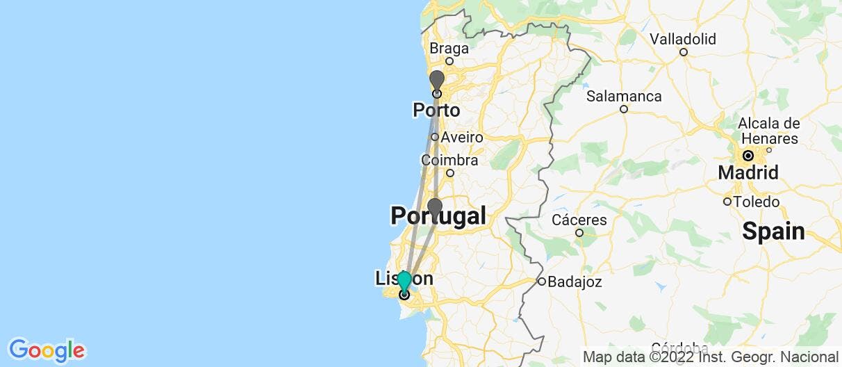 Map with itinerary in Portugal