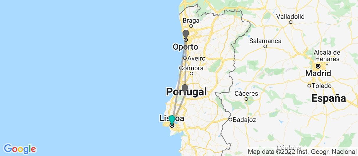Mapa con el itinerario en Portugal