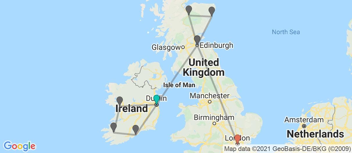Map with itinerary in Ireland, Scotland & England