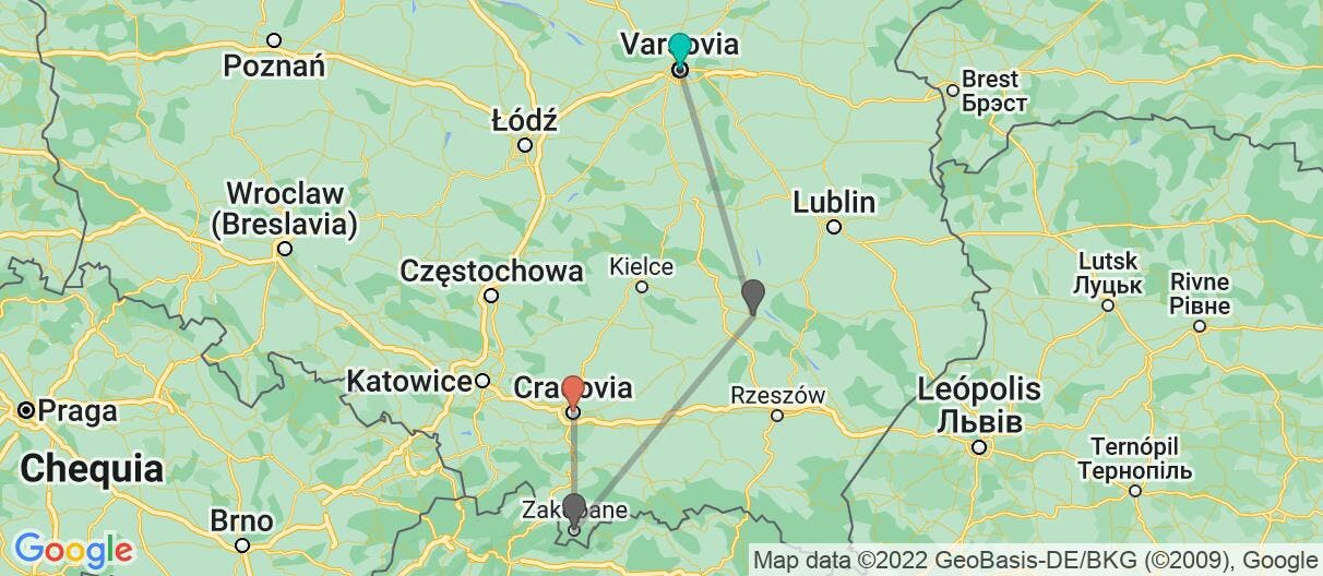 Mapa con el itinerario en Polonia