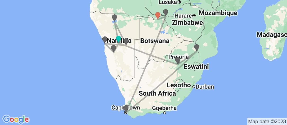 Map with itinerary in Namibia, South Africa, Zimbabwe & Botswana