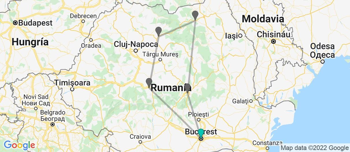 Mapa con el itinerario en Rumania