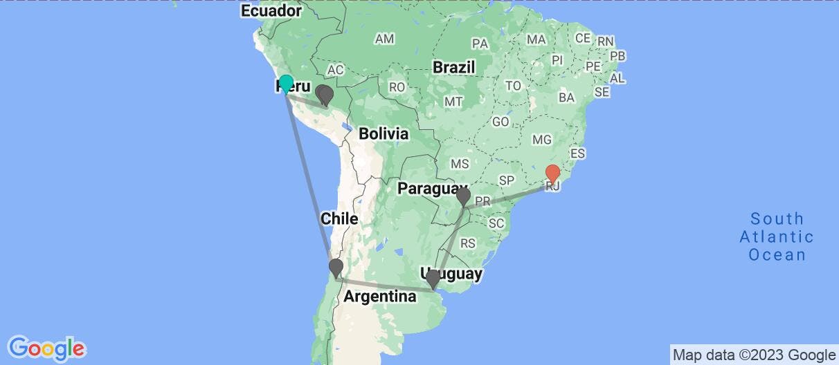 Map with itinerary in Peru, Chile, Argentina & Brazil 