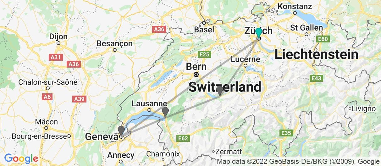 Map with itinerary in Switzerland