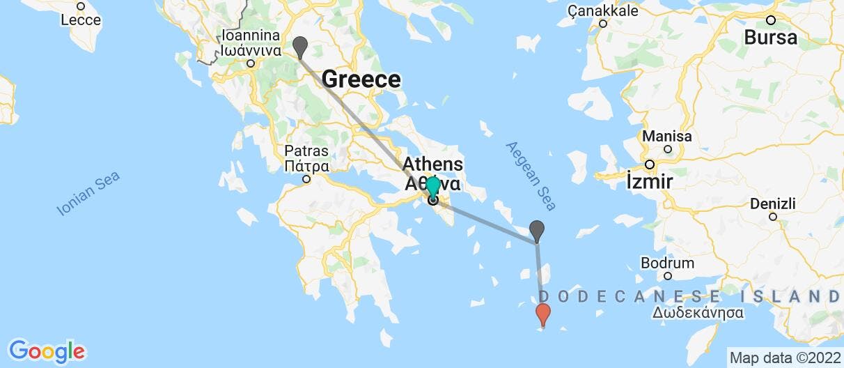 Map with itinerary in Greece