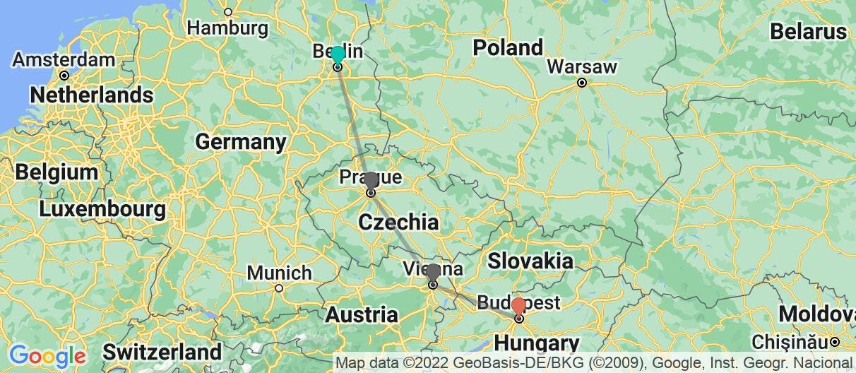 Map with itinerary in Germany, Czech Republic, Austria & Hungary