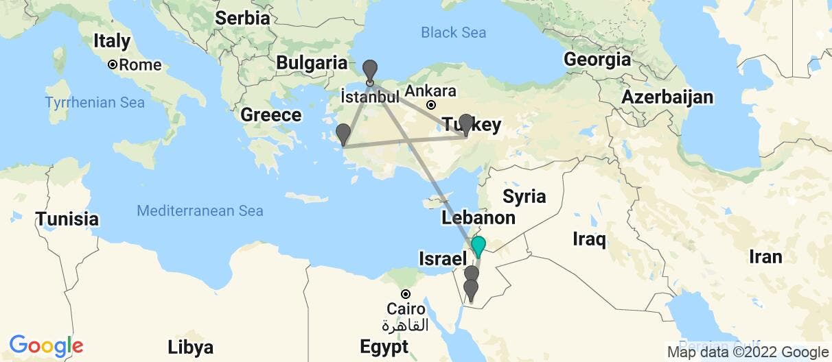 Map with itinerary in Jordan & Turkey