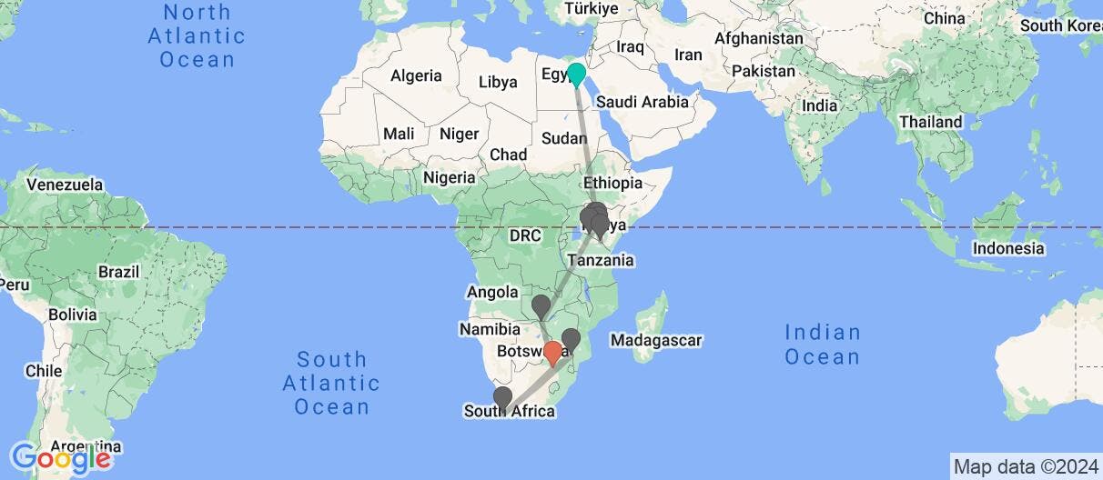 Map with itinerary in  Egypt, Kenya, Zimbabwe & South Africa