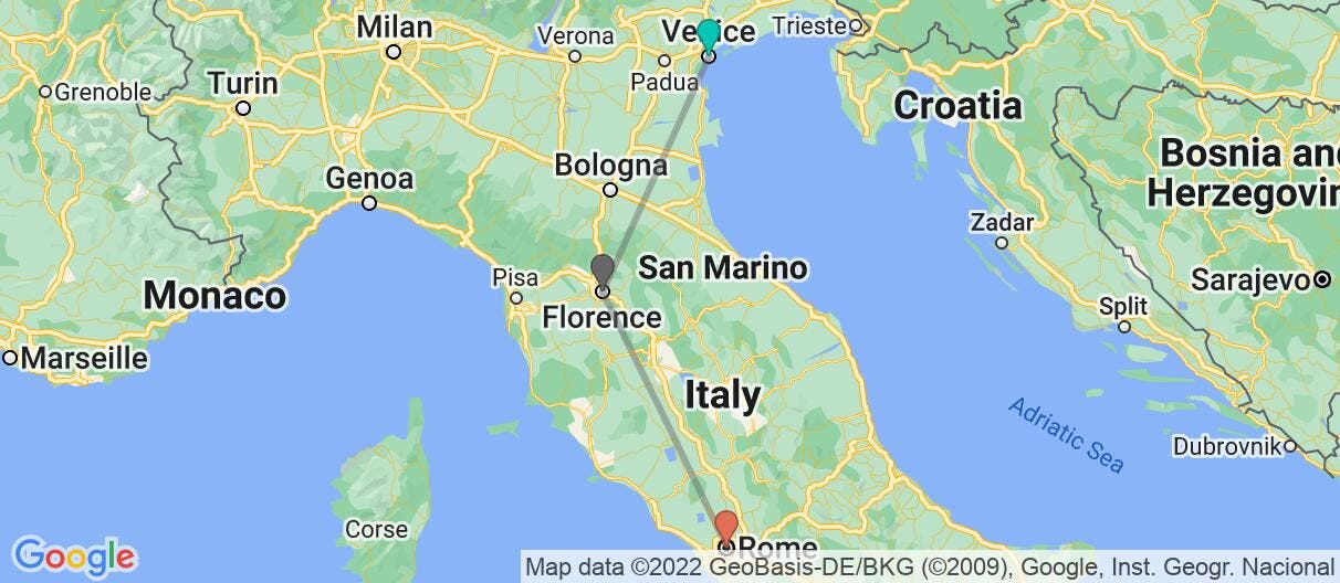 Map with itinerary in Italy