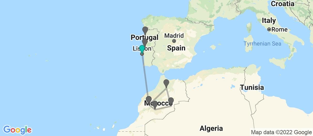 Map with itinerary in Portugal & Morocco