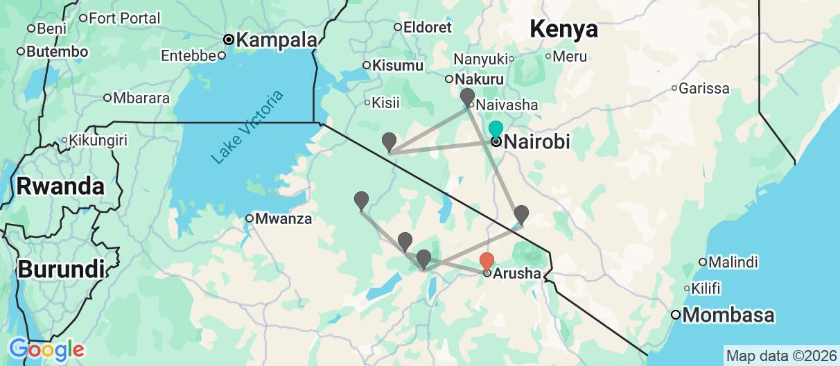 Map with itinerary in Kenya & Tanzania