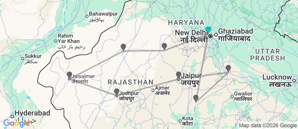 Map with itinerary in India