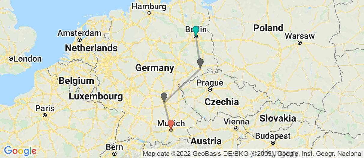 Map with itinerary in Germany