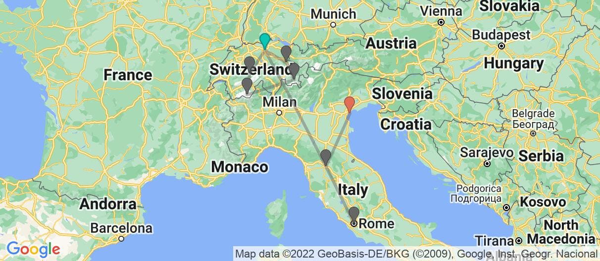 Map with itinerary in Switzerland & Italy