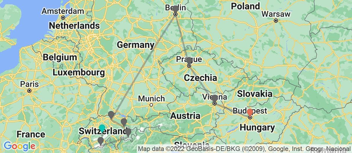 Map with itinerary in Switzerland & Central Europe