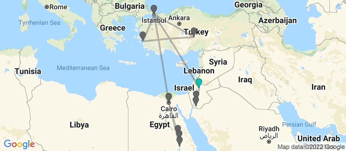 Map with itinerary in Jordan, Turkey & Egypt