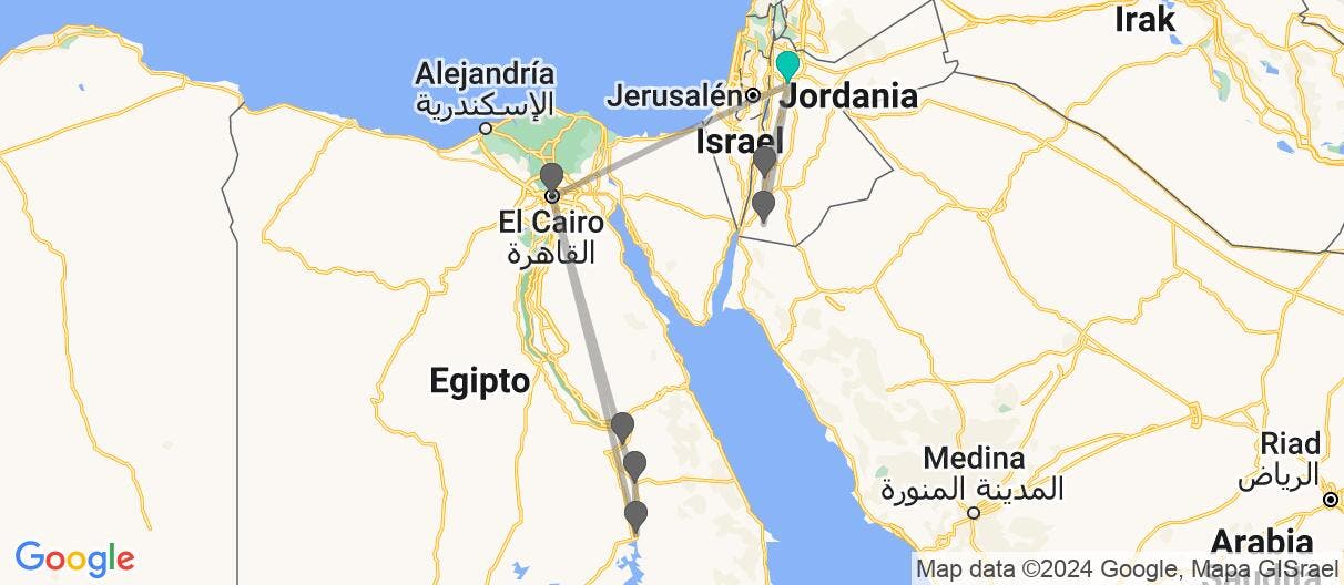 Mapa con el itinerario en Jordania y Egipto