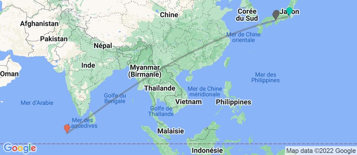Carte avec l'itinéraire en/aux Japon & Maldives