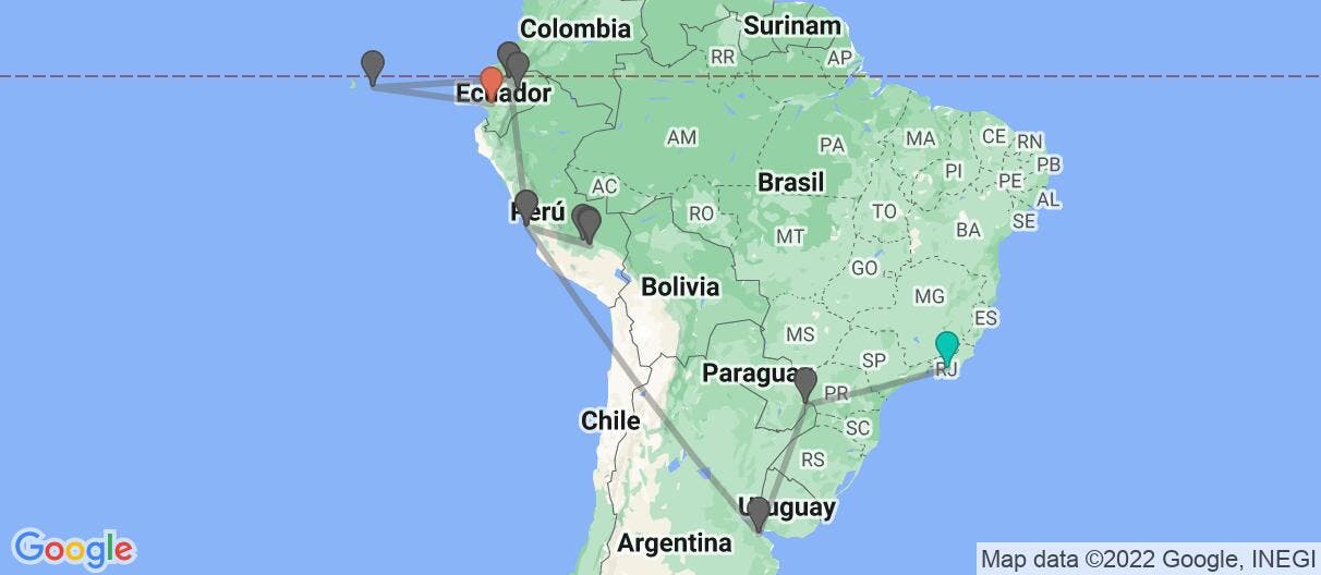 Mapa con el itinerario en Brasil, Argentina, Perú & Ecuador