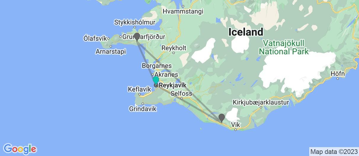 Map with itinerary in Iceland