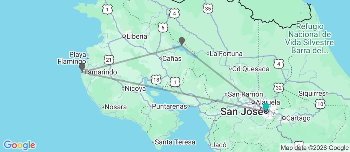 Mapa con el itinerario en Costa Rica