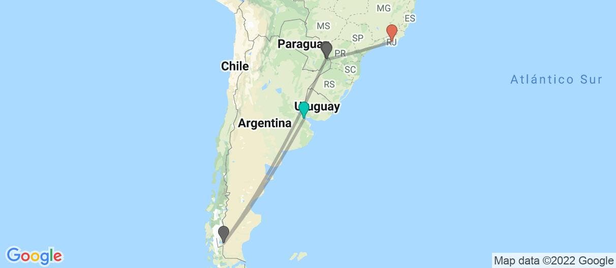 Mapa con el itinerario en Argentina y Brasil