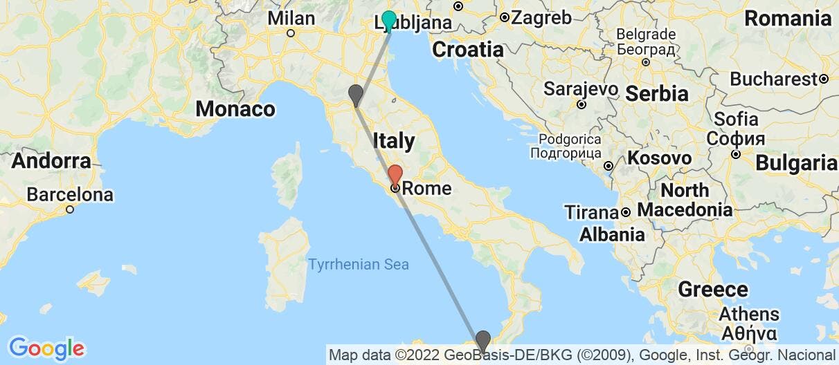 Map with itinerary in Italy
