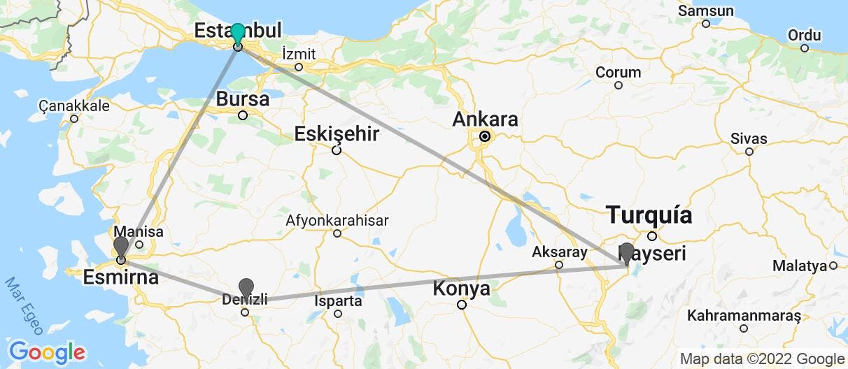 Mapa con el itinerario en Turquía