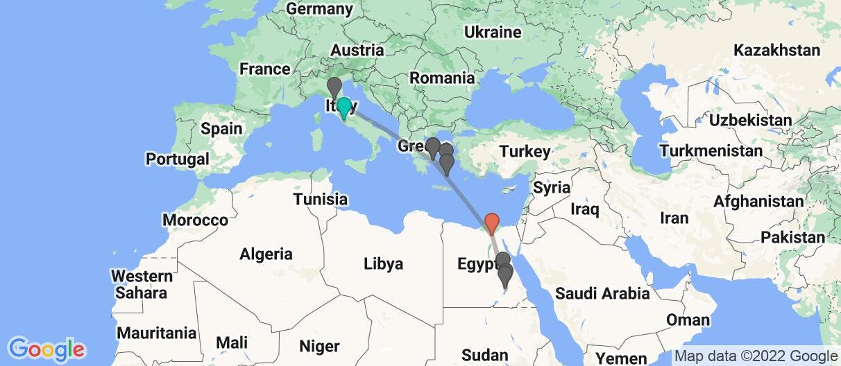 Map with itinerary in Italy, Greece & Egypt