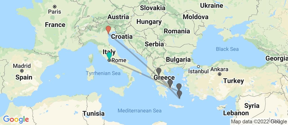 Map with itinerary in Italy & Greece