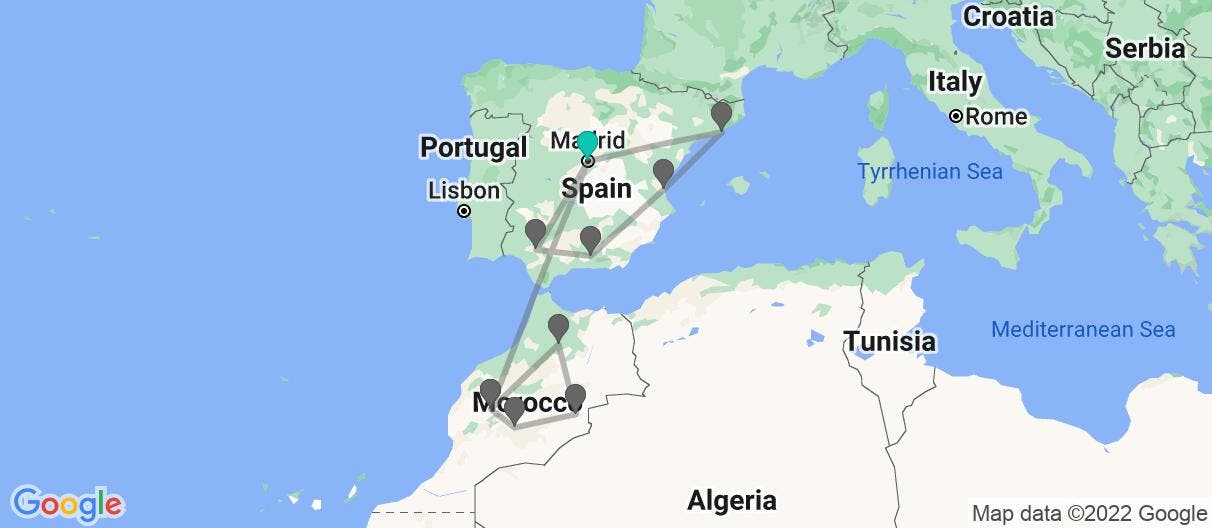 Map with itinerary in Spain & Morocco