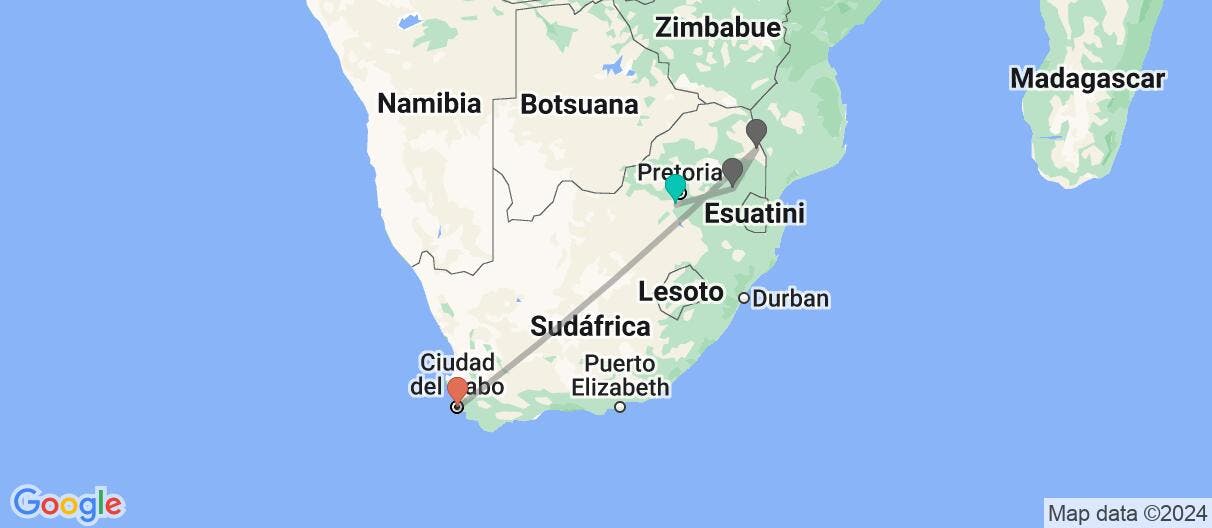 Mapa con el itinerario en Sudáfrica 