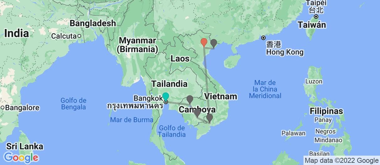 Mapa con el itinerario en Tailandia, Camboya y Vietnam