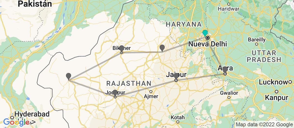 Mapa con el itinerario en India 