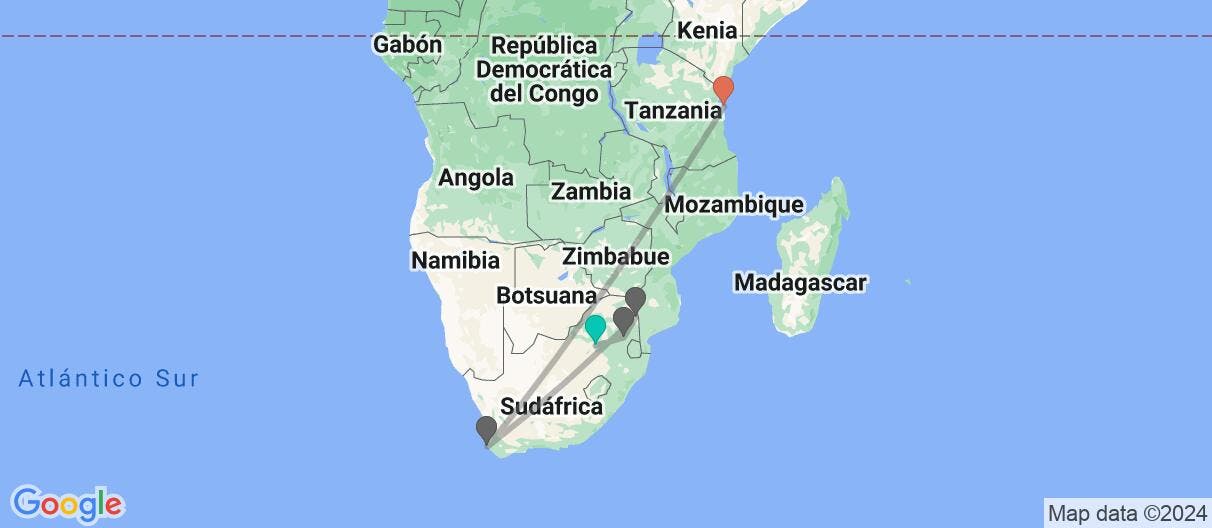 Mapa con el itinerario en Sudáfrica y Tanzania
