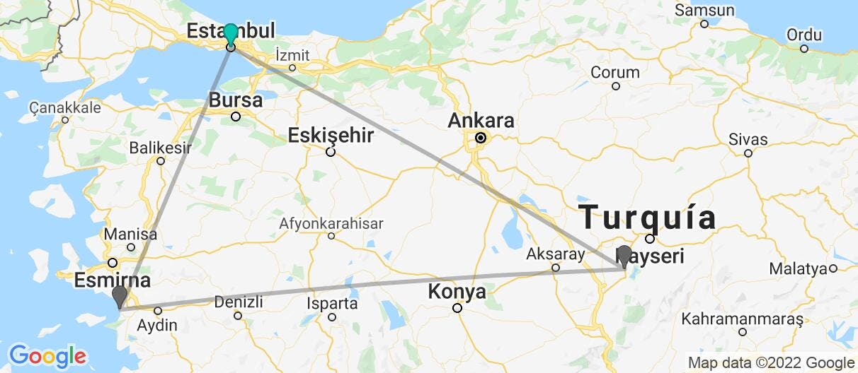 Mapa con el itinerario en Turquía