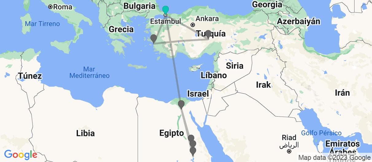 Mapa con el itinerario en Turquía y Egipto