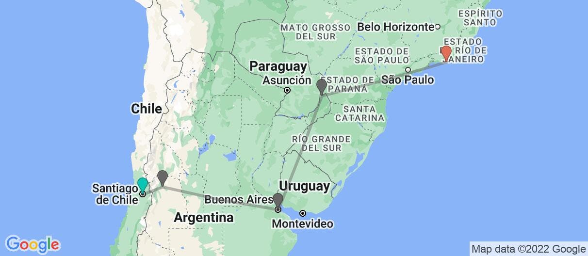 Mapa con el itinerario en Chile, Argentina y Brasil