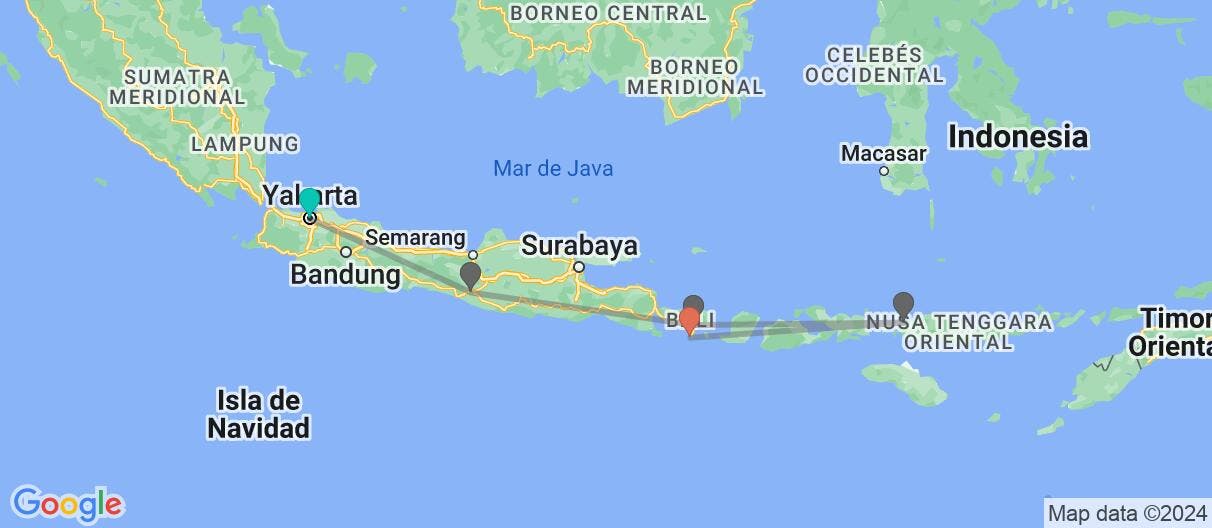Mapa con el itinerario en Indonesia