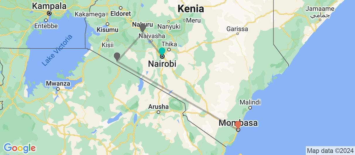 Mapa con el itinerario en Kenia