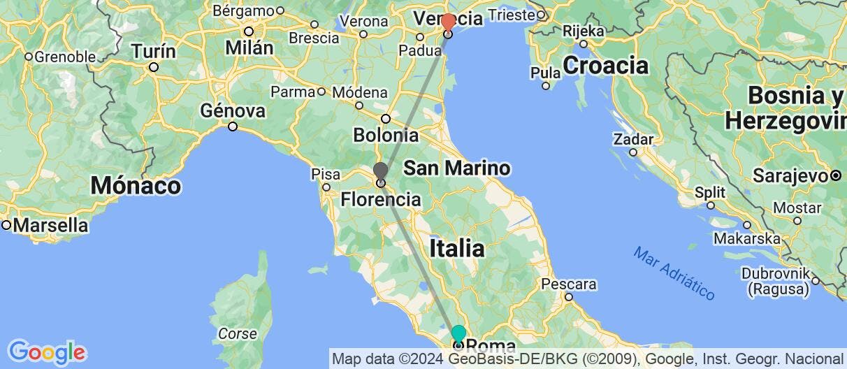 Mapa con el itinerario en Italia