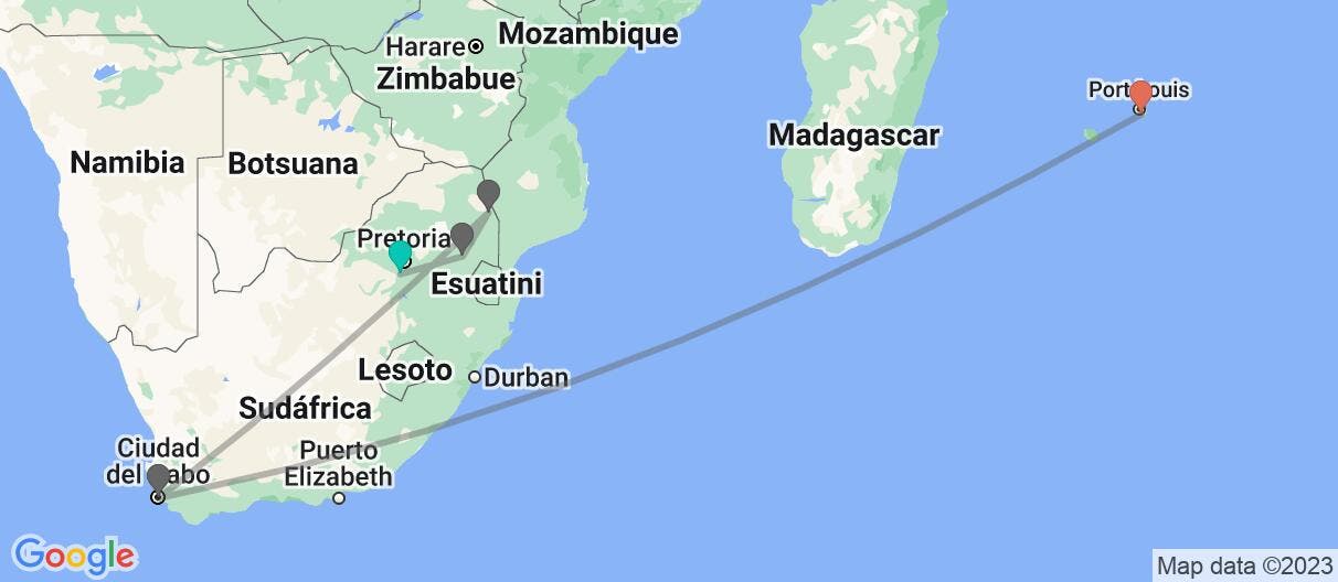 Mapa con el itinerario en Sudáfrica y Mauricio