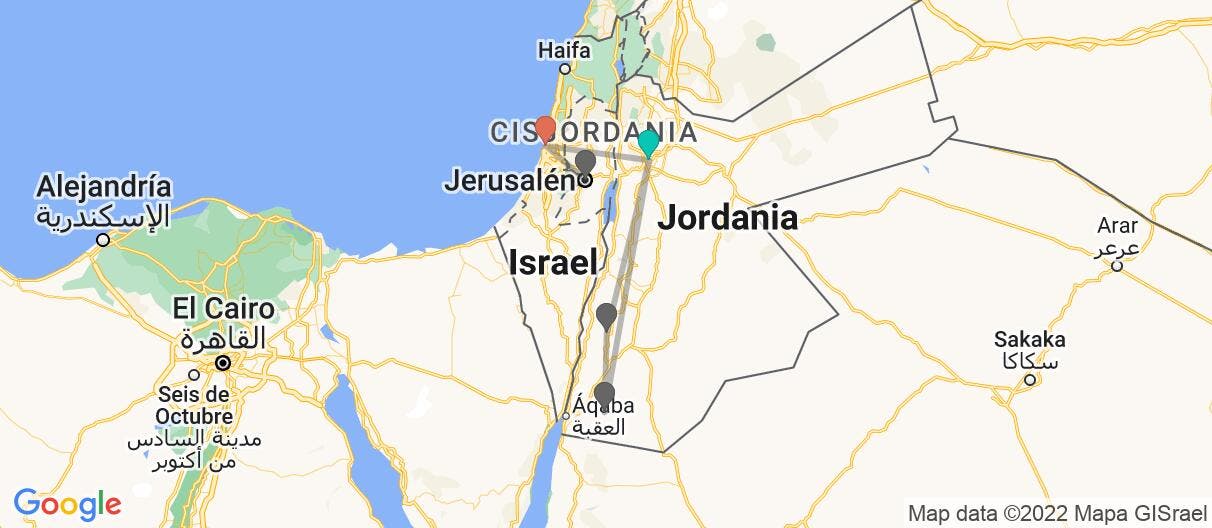 Mapa con el itinerario en Jordania e Israel