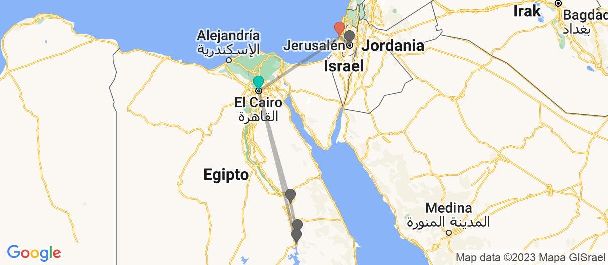 Mapa con el itinerario en Egipto e Israel