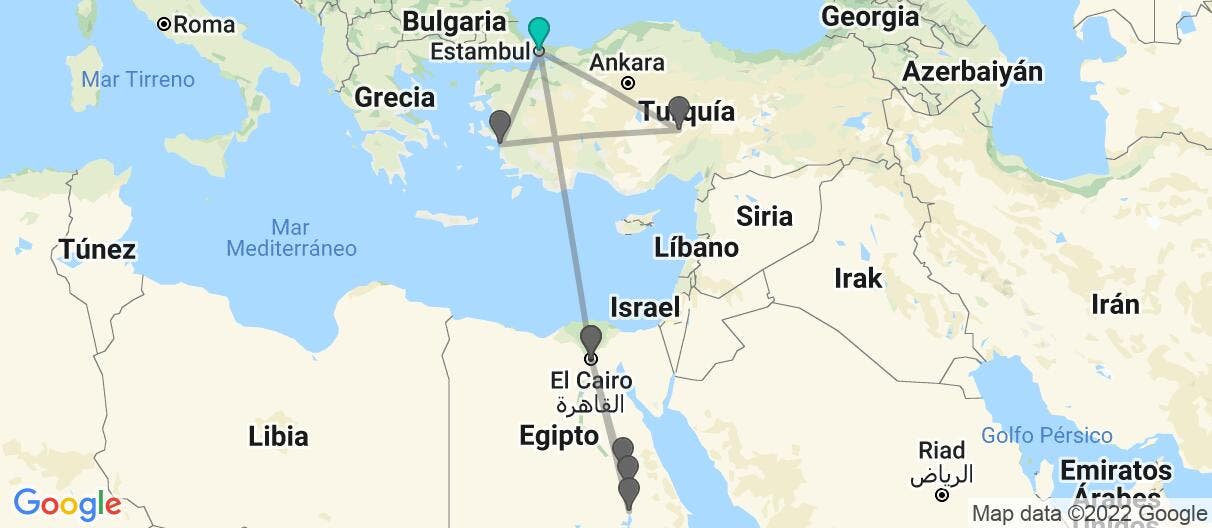 Mapa con el itinerario en Turquía y Egipto