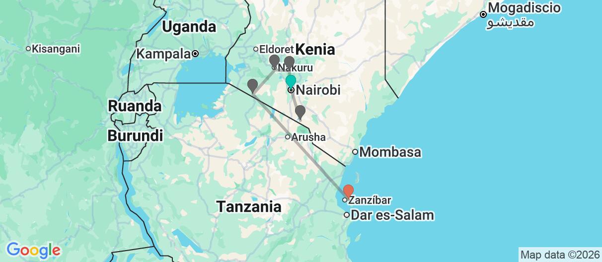 Mapa con el itinerario en Kenia & Tanzania