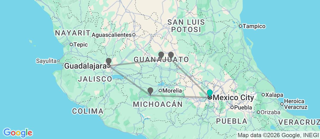 Map with itinerary in Mexico