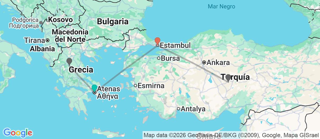 Mapa con el itinerario en Grecia y Turquía